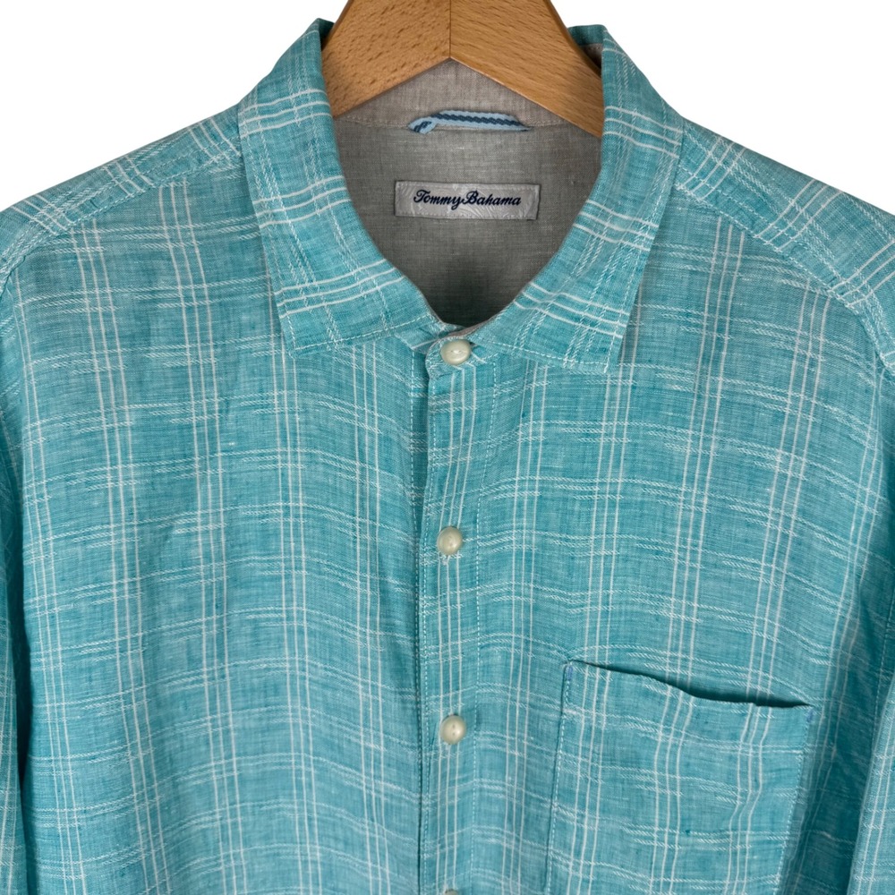 Tommy Bahama Ventana Linen Plaid Shirt Mens Large Button Down Long‎ Sleeve Aqua